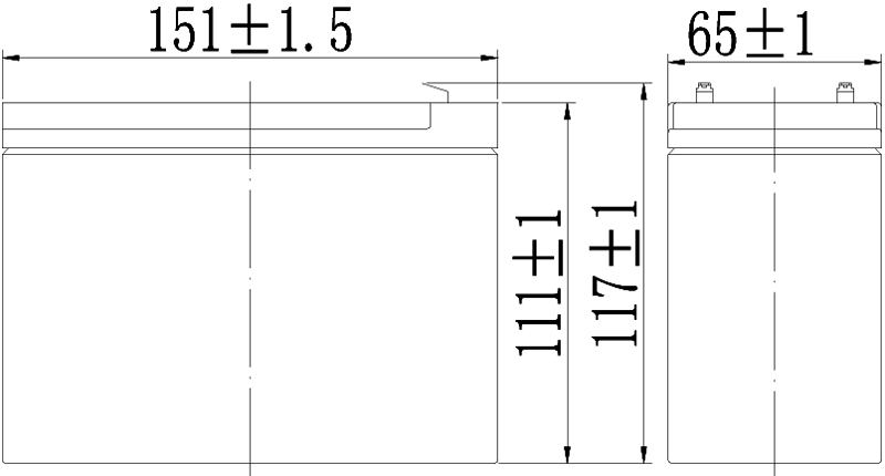 TLV12100 - 12V 10Ah Sealed Lead Acid Battery with F2 Terminals - Side Diagram