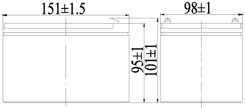 TLV12150 - 12V 15Ah Sealed Lead Acid Battery with F2 Terminals - Side Diagram