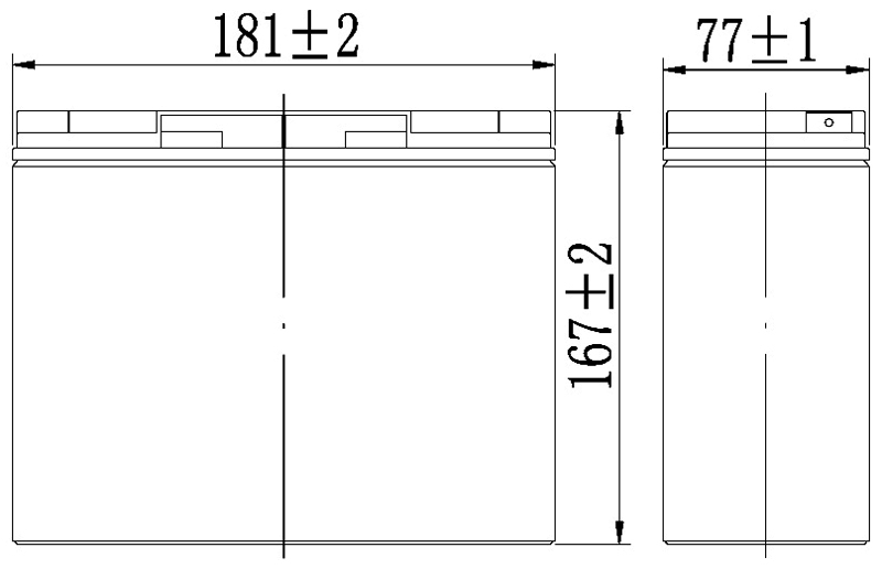 TLV12200DC - 12V 20Ah Deep Cycle battery with M5 Insert Terminals - Side Diagram