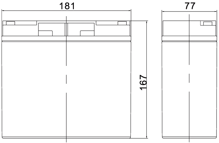 TLV12220M5DC - 12V 22Ah Deep Cycle Sealed Lead Acid Battery with M5 Terminals - Side Diagram
