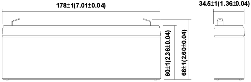 TLV1226F1 - 12V 2.6Ah Sealed Lead Acid Battery with F1 Terminals - Side Diagram
