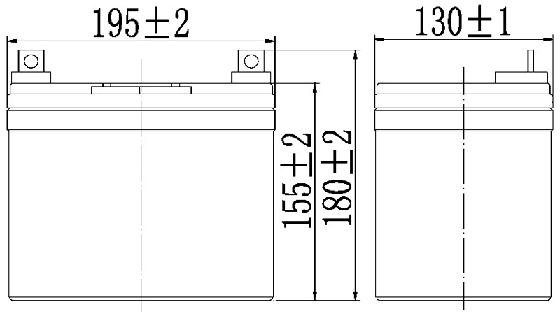 TLV12350 - 12V 35Ah Sealed Lead Acid Battery with Nut & Bolt Terminals - Side Diagram