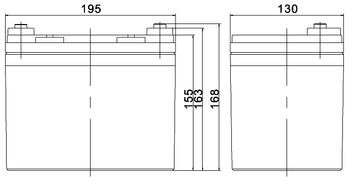 TLV12350M5 - 12V 35Ah Sealed Lead Acid Battery with M5 Insert Terminals - Side Diagram
