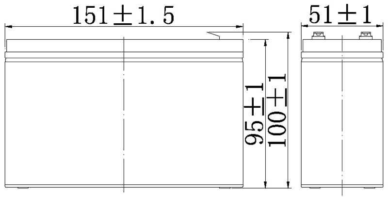 TLV1265F2F1 - 12V 6.5Ah Sealed Lead Acid Battery with F2 Positive, F1 Negative Terminals - Side Diagram