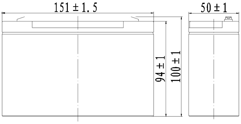 TLV6100F1 - 6V 10Ah Sealed Lead Acid Battery with F1 Terminals - Side Diagram